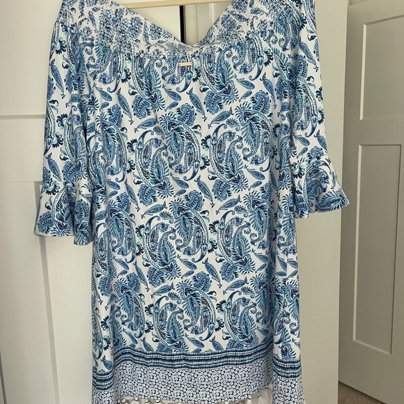 Cabana Life Off Shoulder Dress Charleston Blue White Tassel - Picture 3 of 6